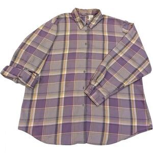 Women's Koret Purple Plaid Button Up Long Sleeve Top With Roll Up Option XL